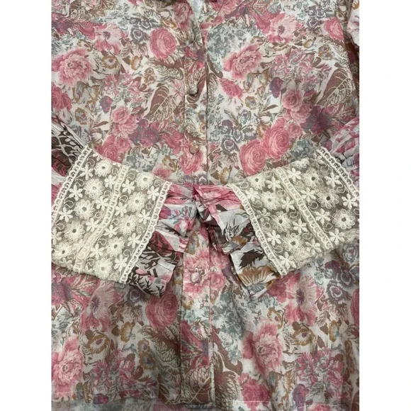 LoveShackFancy Brooke Floral lace Blouse‎ button down Cuff Long Sleeve Top XS